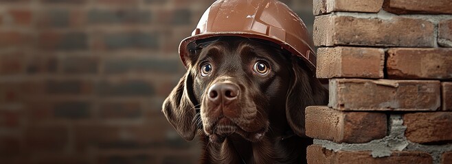 Brown Dog with Construction Helmet Posing Near Brick Wall