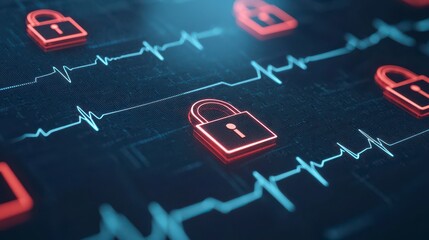 A digital representation featuring locks overlaid on an electrocardiogram, symbolizing security and technology in health monitoring.