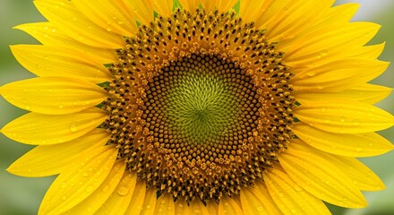 Fototapeta premium Vibrant sunflower with dew drops on petals in close-up view