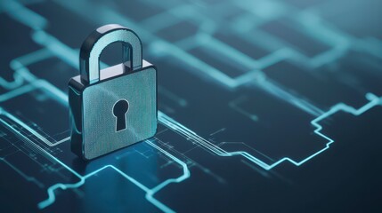 A digital padlock symbolizes cybersecurity, emphasizing data protection and privacy in a technological landscape.