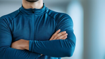 A close-up of a person in a blue athletic shirt with arms crossed, conveying a sense of confidence and readiness.