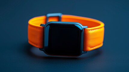 A sleek smartwatch with an orange strap placed on a dark surface, emphasizing modern design and functionality.