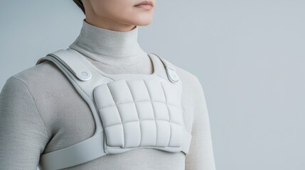 A modern, minimalistic upper body garment designed for comfort and support, worn over a fitted turtleneck, showcasing a sleek aesthetic.