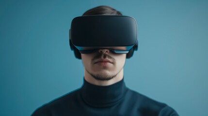 A person wearing a VR headset, focused and engaged, with a simple blue background.