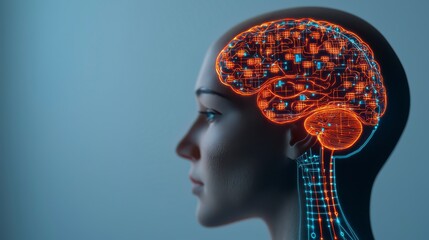 A futuristic depiction of a head with a glowing, intricate brain design, symbolizing the intersection of technology and human cognition.