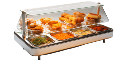 Variety of delicious food in covered serving tray for buffet or cafeteria
