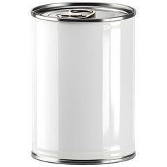 Blank white metal tin can isolated on transparent background. Food packaging mockup for label design, branding, canned product concept.