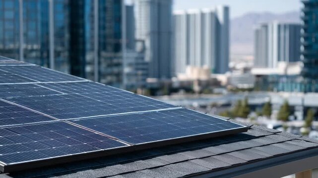 Close-up medium shot of rooftop solar panels, textured shingles forming a cohesive pattern across the office building roof, sunlight highlighting energy-efficient technology in a c