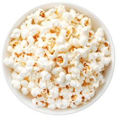 Popcorn in white bowl isolated on transparent background, cinema snack movie night entertainment concept.