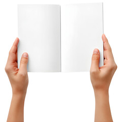 Hands holding open blank book isolated on transparent background, education reading learning and mockup concept.
