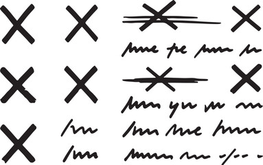 Black Handwritten Cross Marks and Lines on White Background