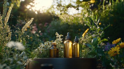 Natural Herbal Essential Oils Surrounded by Lush Greenery Outdoors