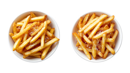 Two bowls of crispy golden french fries isolated on black background. Fast food snack, salty fried potatoes, top view food concept.