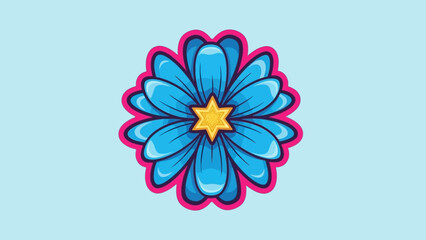 Fototapeta premium Stylized Blue Flower with Pink Outline and Yellow Center.