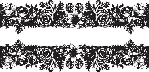 Black and White Floral Border with Roses and Leaves Isolated on White Background