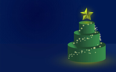 Abstract Green Christmas Tree with Star and Fairy Lights on Dark Blue Background