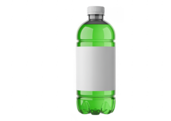 Green plastic water bottle with white label on black plastic bottle isolated on a transparent background