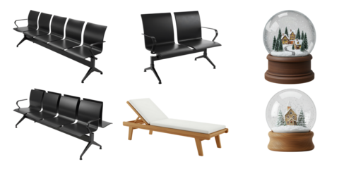 benches and snow globes on white background