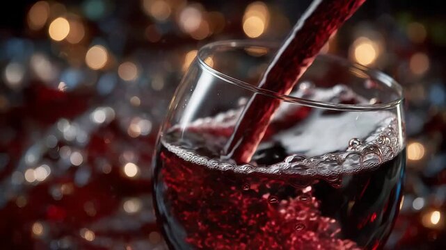 Close-up of red wine splashing dynamically, droplets frozen mid-air, deep ruby tones glistening under soft dramatic lighting, capturing the joy and elegance of wine enjoyment.