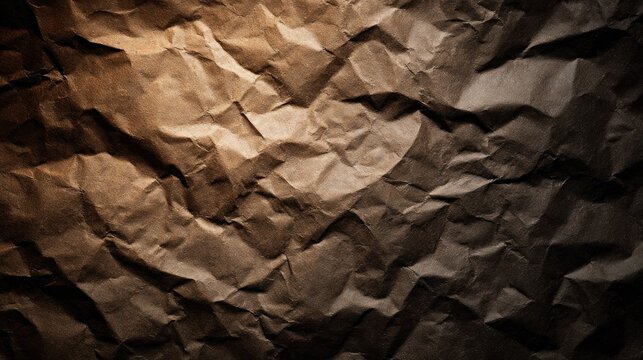Dramatic close up of dark brown crumpled paper surface texture with spotlight effect - Powered by Adobe
