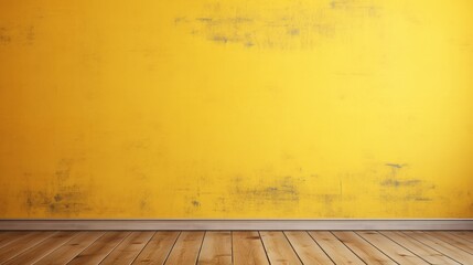A vibrant yellow wall with a textured finish, complemented by a wooden floor, creating a warm and inviting atmosphere.