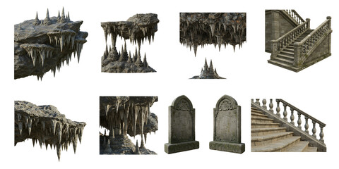 gray stone architectural elements and rocky cliffs with icicles