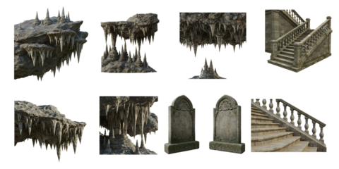 gray stone architectural elements and rocky cliffs with icicles