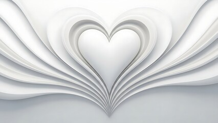Pure white abstract background with multiple layers forming a symmetrical heart shape and flowing fan-like curves