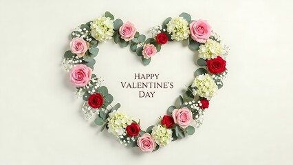 Floral heart shaped wreath made of roses hydrangeas and eucalyptus leaves with a celebration message on a cream background