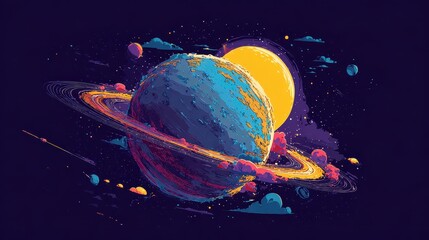 Future planet visualization top view flat design animation vivid. 