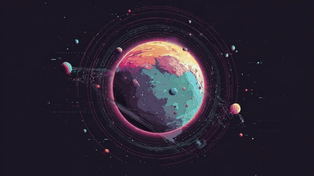 Future planet visualization top view flat design animation vivid.  - Powered by Adobe