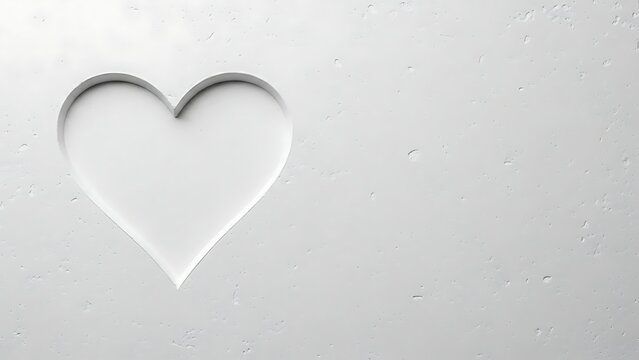 Minimalist white heart shape cutout embossed on a textured gray wall background with copy space