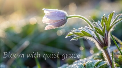 A single purple flower with dew drops in sunlight