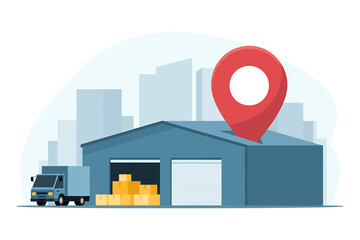 Warehouse with truck and location pin in cityscape