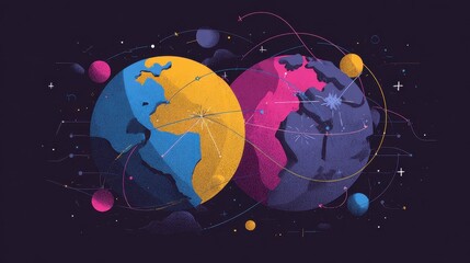 Fototapeta premium Global network communication side view flat design cartoon drawing Triadic Color Scheme.