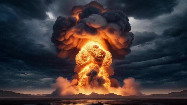 Dramatic nuclear explosion with fiery mushroom cloud and dark stormy sky