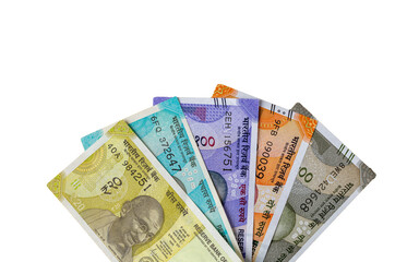 India money. Paper banknotes, Indian rupee bills arranged in a fan on a transparent background.  Financial business concept. Flat lay, copy space. Close up