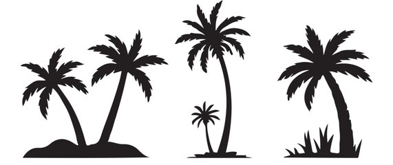 Fototapeta premium A simple black silhouette depicts four varying sized palm trees with lush foliage against a white background