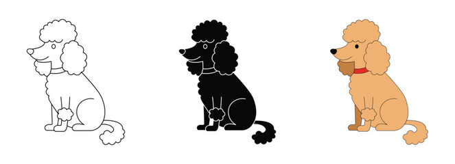Minimal Cute Dog Character Set &ndash; Outline, Solid Black and Flat Color Pet Illustrations Isolated on White