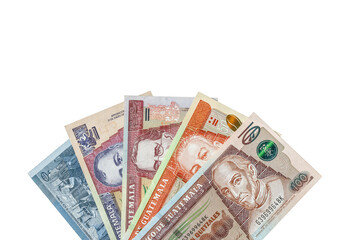Guatemala money. Paper banknotes, Guatemalan quetzales bills arranged in a fan on a transparent background.  Financial business concept. Flat lay, copy space. Close up
