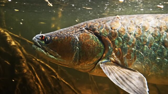 Close-up of a large predatory fish swimming underwater in murky freshwater