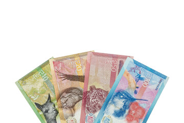 Peru money. Paper banknotes, Peruvian sol bills arranged in a fan on a transparent background. Reverse with animals. Financial business concept. Flat lay, copy space. Close up