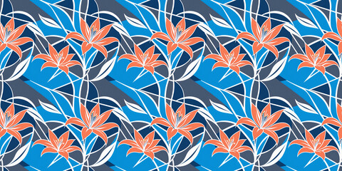 Harmony seamless floral pattern, stylized roses, abstract lilies, geometric leaves, modern mustard yellow, charcoal, turquoise for apparel prints