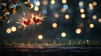 Romantic Hearts with Sparkles and Bokeh Background at Night