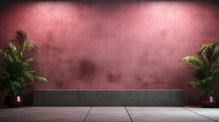 A modern interior with a textured pink wall, a sleek gray shelf, and lush green plants in stylish pots creating a chic ambiance.