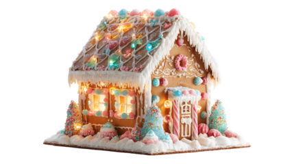 Whimsical gingerbread house glowing with festive lights, adorned with colorful candies and icing.