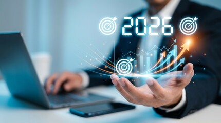 Business Growth Strategy Visualization with Digital Data Analytics and Target Achievement in Modern Office Environment