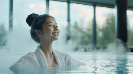 Relaxed Young Woman Enjoying Tranquility in Spa Pool with Steam