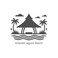 Obraz premium Tropical lagoon resort logo, beach hut pavilion icon with palm trees, seaside vacation emblem, travel tourism vector illustration design