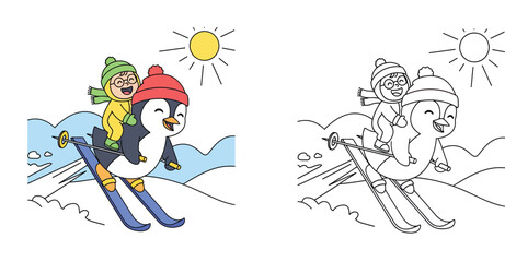 Cute cartoon penguin skiing with happy little child riding on back. Funny animal character and kid enjoying winter sport race on sunny day vector illustration. © MstSangita
